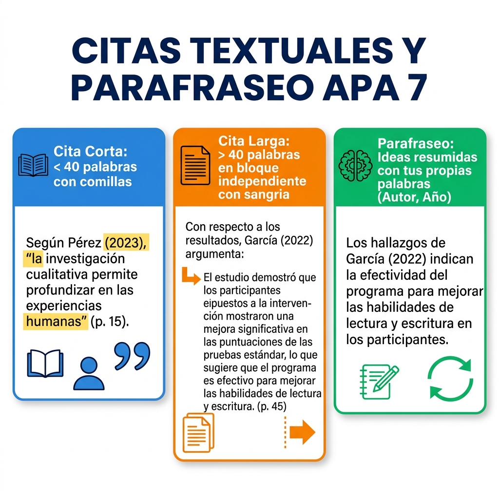 Infografía sobre citas directas cortas, largas y parafraseo en Normas APA 7ma edición