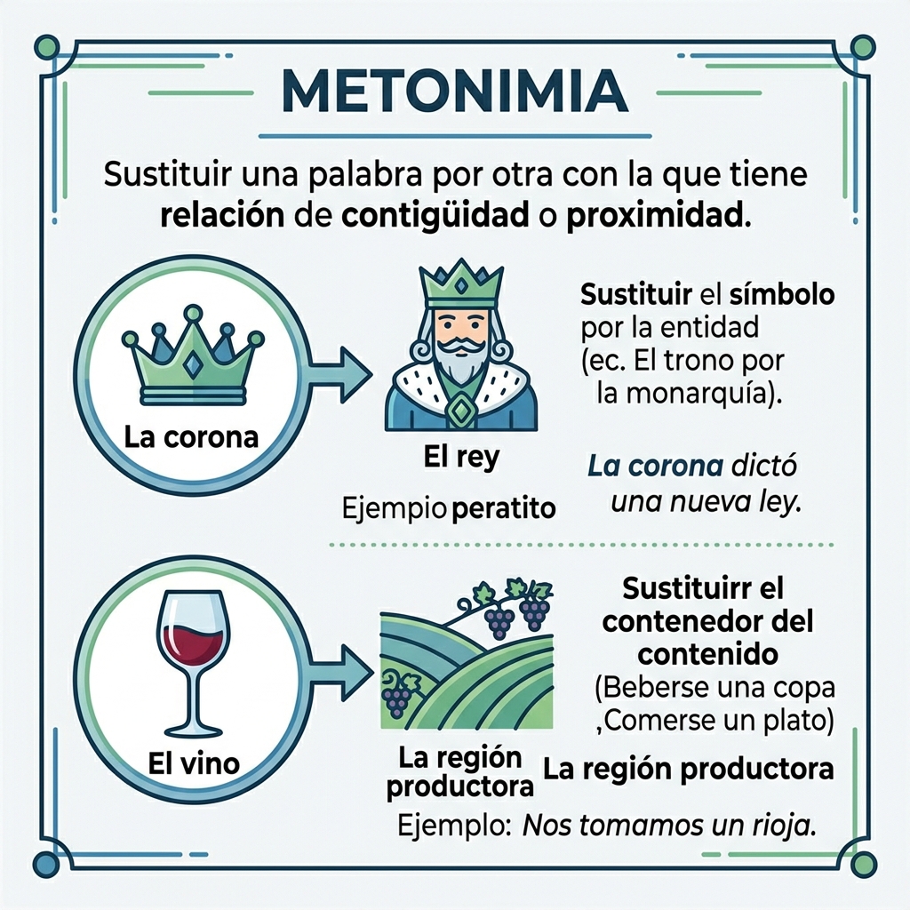 La metonimia: diagrama educativo con tipos y ejemplos