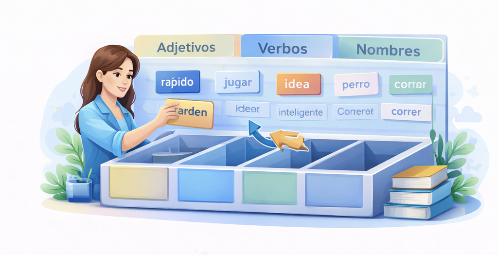 Espacio de trabajo con portatil y materiales organizados para clasificacion de informacion