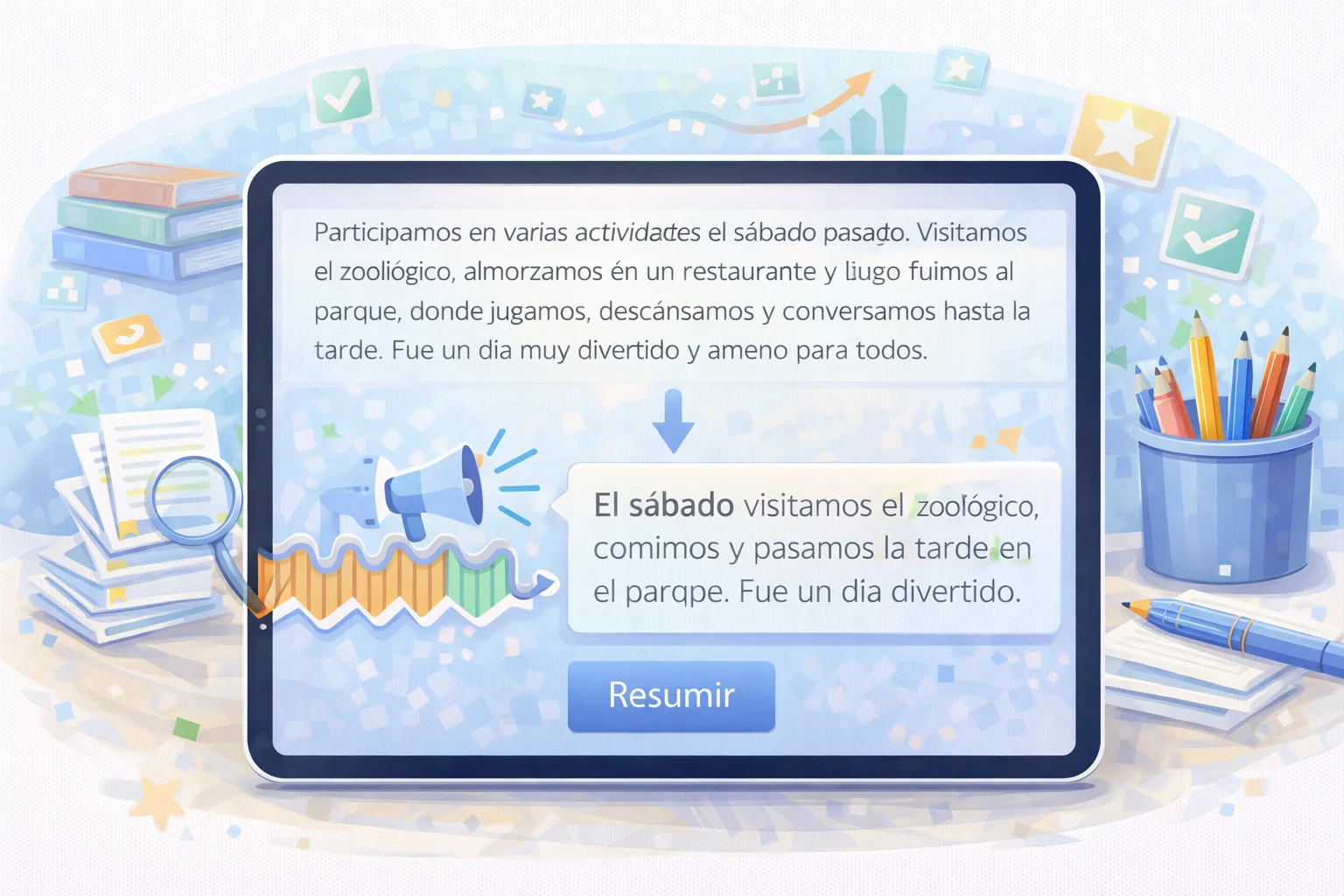 Documentos, notas y laptop para resumir informacion