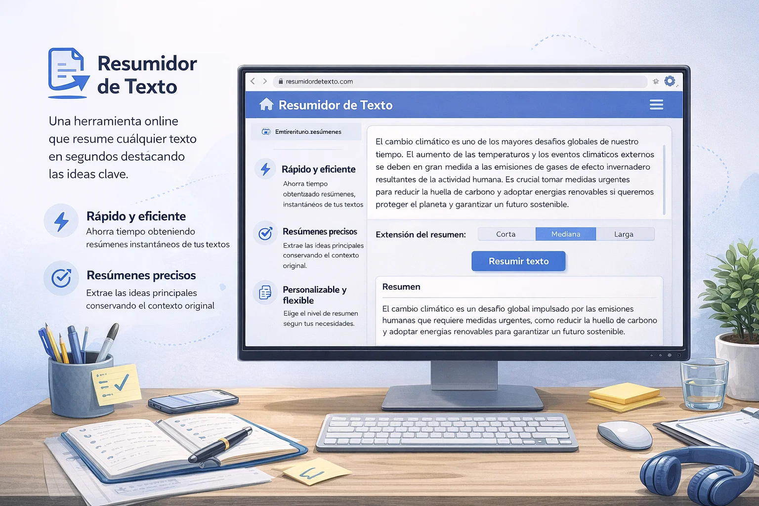 Persona revisando notas y texto antes de resumir contenido